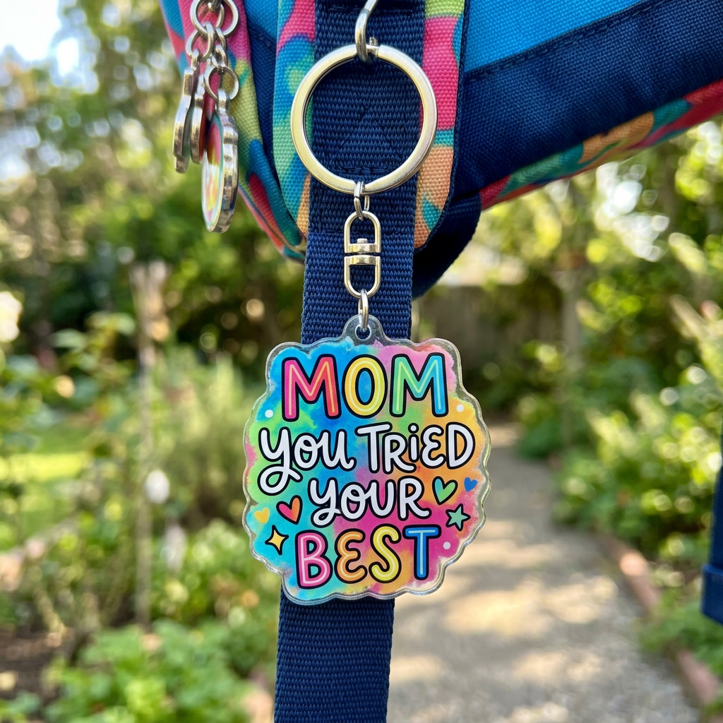 Colorful bag charm reading “MOM YOU TRIED YOUR BEST”